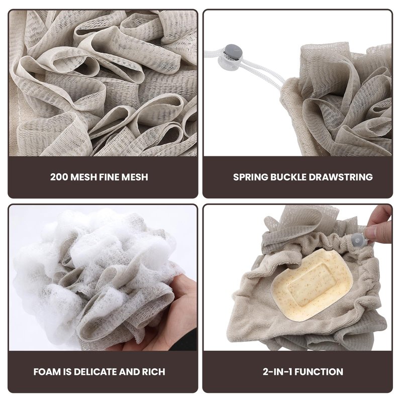 3 Pack 2 in 1 Loofah Washcloth with Drawstring, Soap Bar Loofah That Holds Bar Soap-Exfoliation Mesh Shower Ball, Reusable Shower Sponge for Body Wash (Coffee, Khaki, Beige)