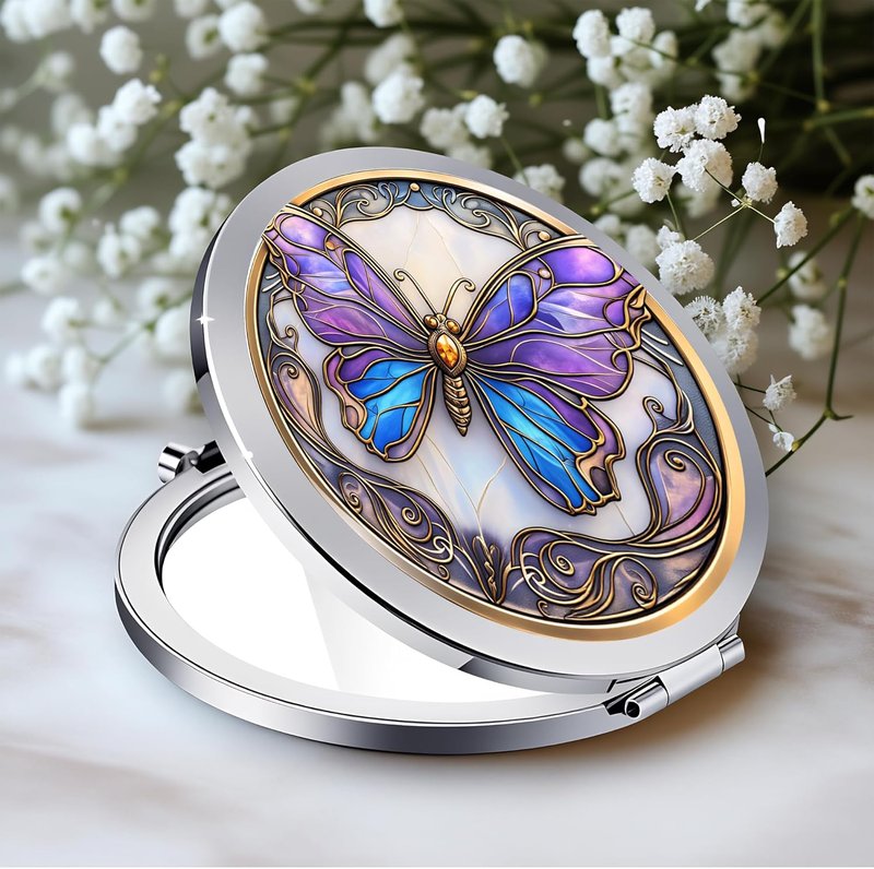 Silver Compact Mirror - Double-Sided Folding Makeup Mirror with Purple Butterfly Design | 2.8x2.8 Inch, Perfect Gift for Women