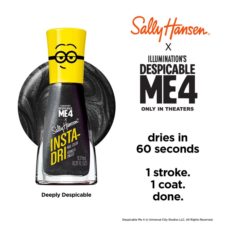 Sally Hansen Insta-Dri Despicable Me Nail Polish | Quick Dry, Long Lasting, Streak-Free Shine | Opaque, Glittery | 771 Gogglicious + 772 Deeply Despicable | Glittery White & Black Shimmer Nail Duo