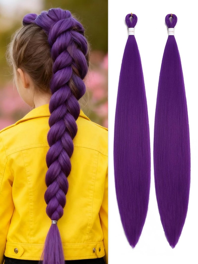 Purple Hair Extensions - Long Pre-Stretched Synthetic Braiding Hair | 26 Inch Twist Braids for Cosplay & Costume Parties