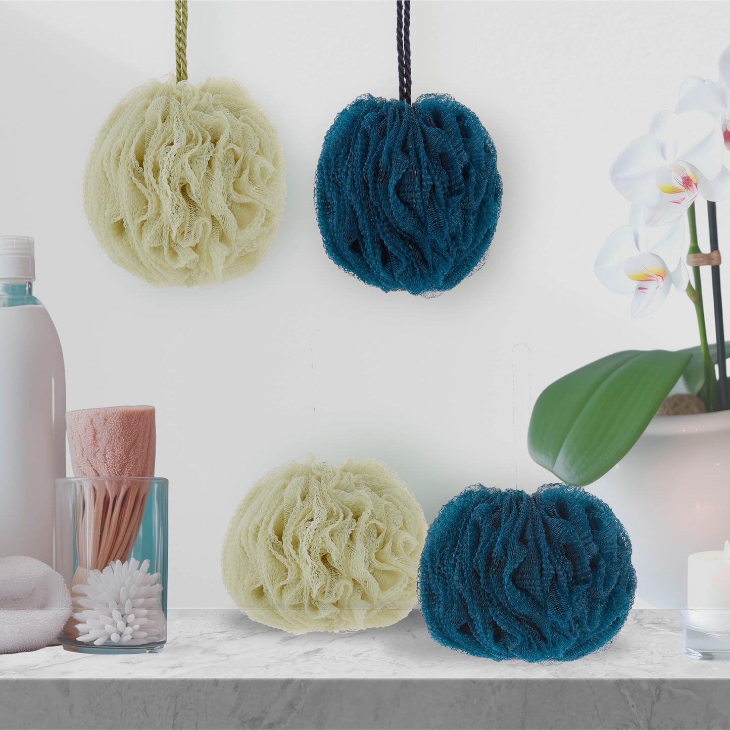 The Beauty Project 4 Piece Exfoliating Loofah Set - Heavyweight Body Scrub for Spa, Massage & Dead Skin Removal, Multi-Color Shower Bath Accessories (100G Blue/Green)