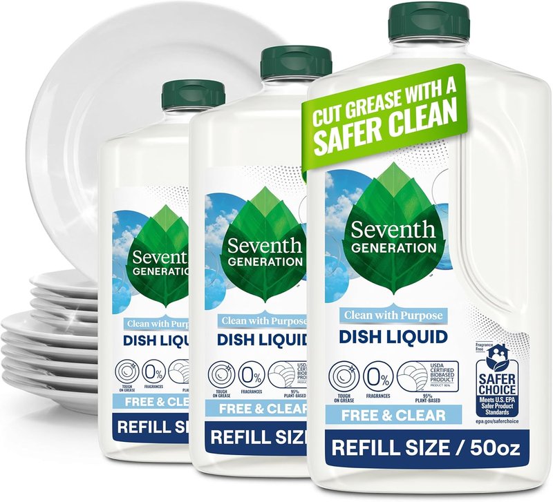 Seventh Generation Dish Soap Refill - Plant-Based Free & Clear Liquid | 50 fl oz, 3 Pack for Sensitive Skin