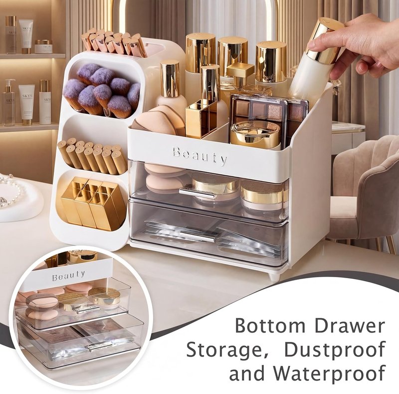 Skiennix Makeup Organizer - Spacious Vanity Storage with Brush Holder & Drawers for Cosmetics