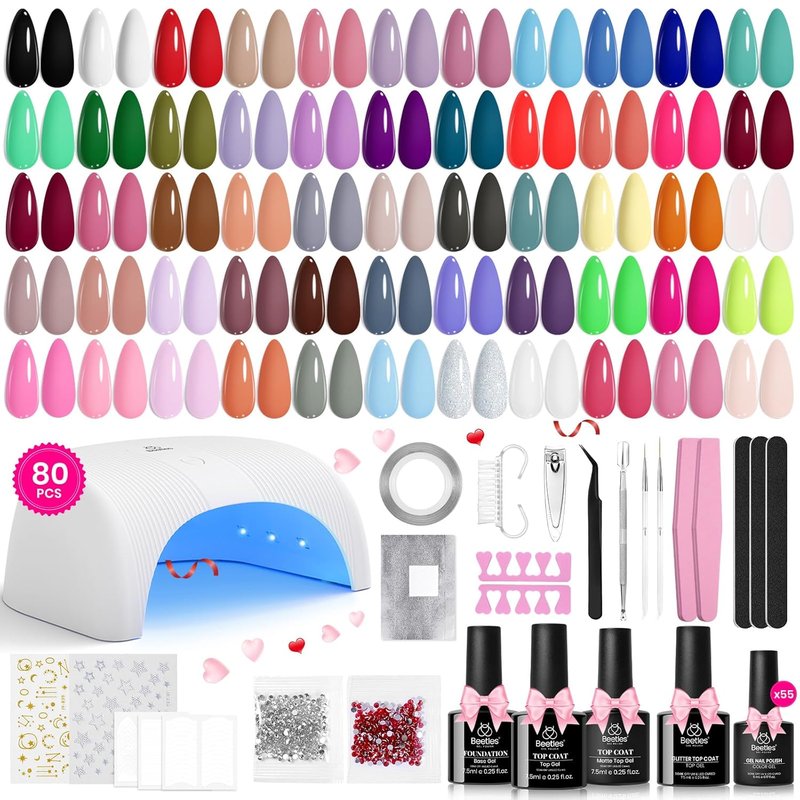 Beetles 3Pcs 15ml Builder Nail Gel with No Wipe Top Base Coat Halloween Set for Nails & 80Pcs Fall Nail Fest Color Enchantment 55 Colors Gel Polish Starter Kit with Base Top Coat