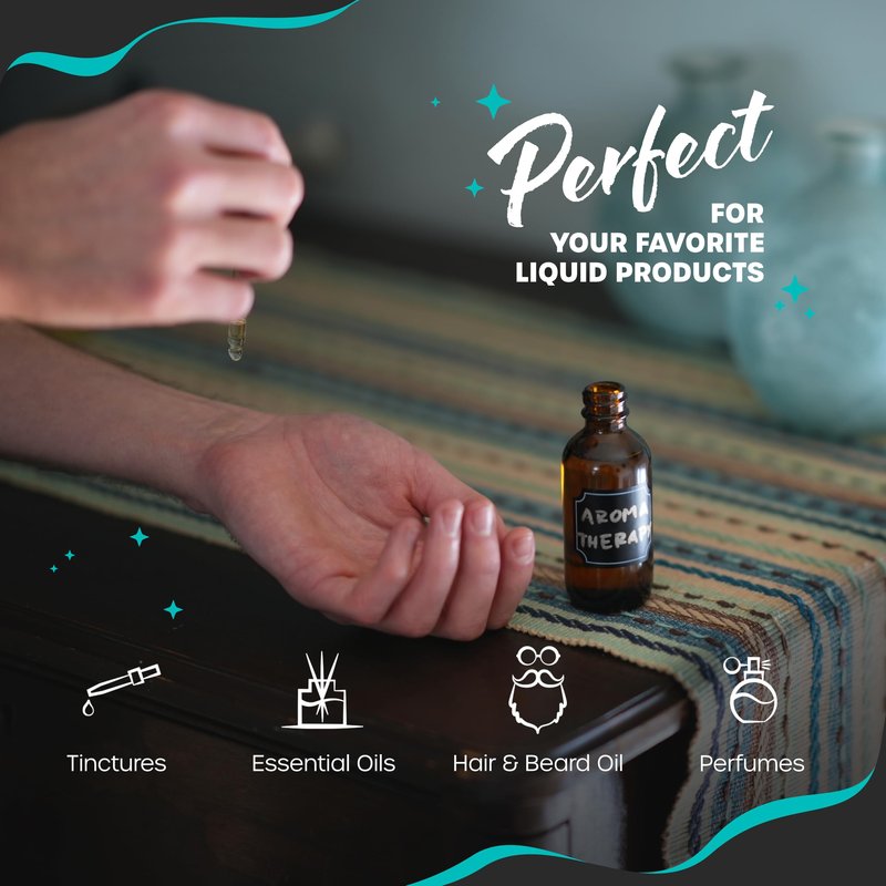 Nevlers Amber Glass Dropper Bottle 2 Oz 48 PK | Leakproof Empty Eye Dropper Bottle Set w/Funnel, Brush, Shrink Wrap, Marker & Labels | Reusable Tincture Bottles with Droppers | Glass Droppers for Oils