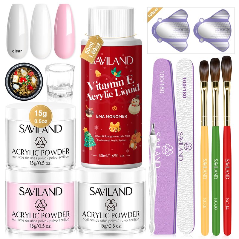 SAVILAND Acrylic Nail Kit : Christmas Nails Kit Acrylic Set EMA Monomer Brush for Long Lasting Nails DIY at Home Beginner Friendly Christmas Gift Set