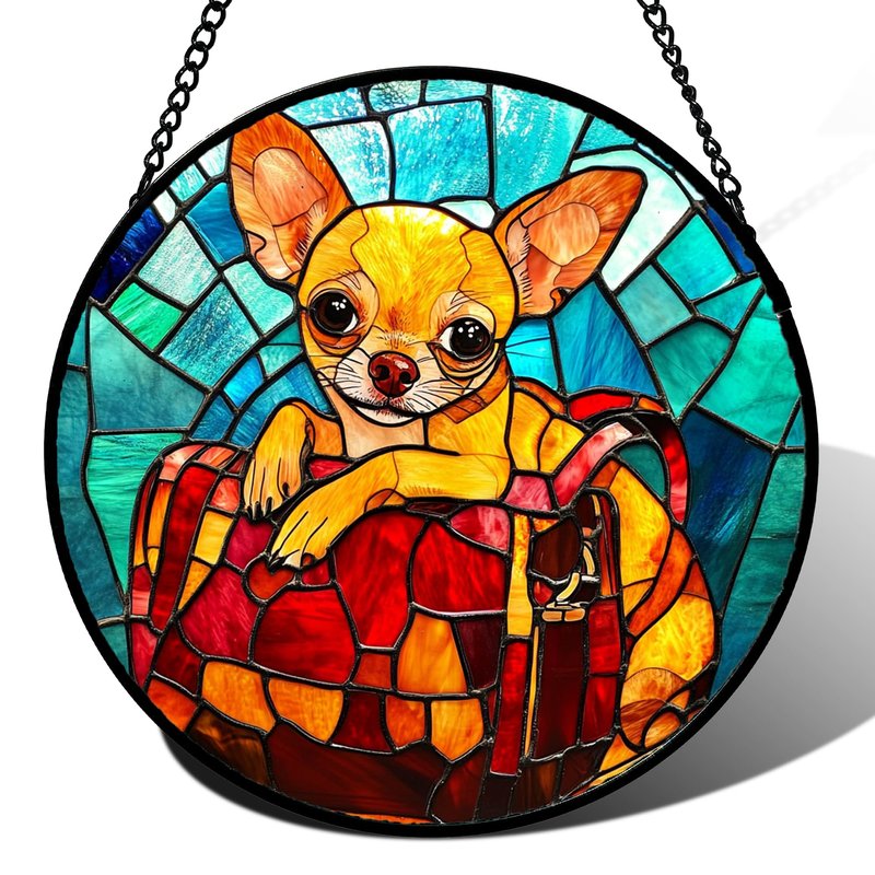 GEFOS Stained Glass Window Hanging Cute Dog Chihuahua 6.3" - Suncatcher Door Garden Sunroom Sun Catcher Home Decor Birthday Christmas for Lost Pets Mom Men Woman Nana