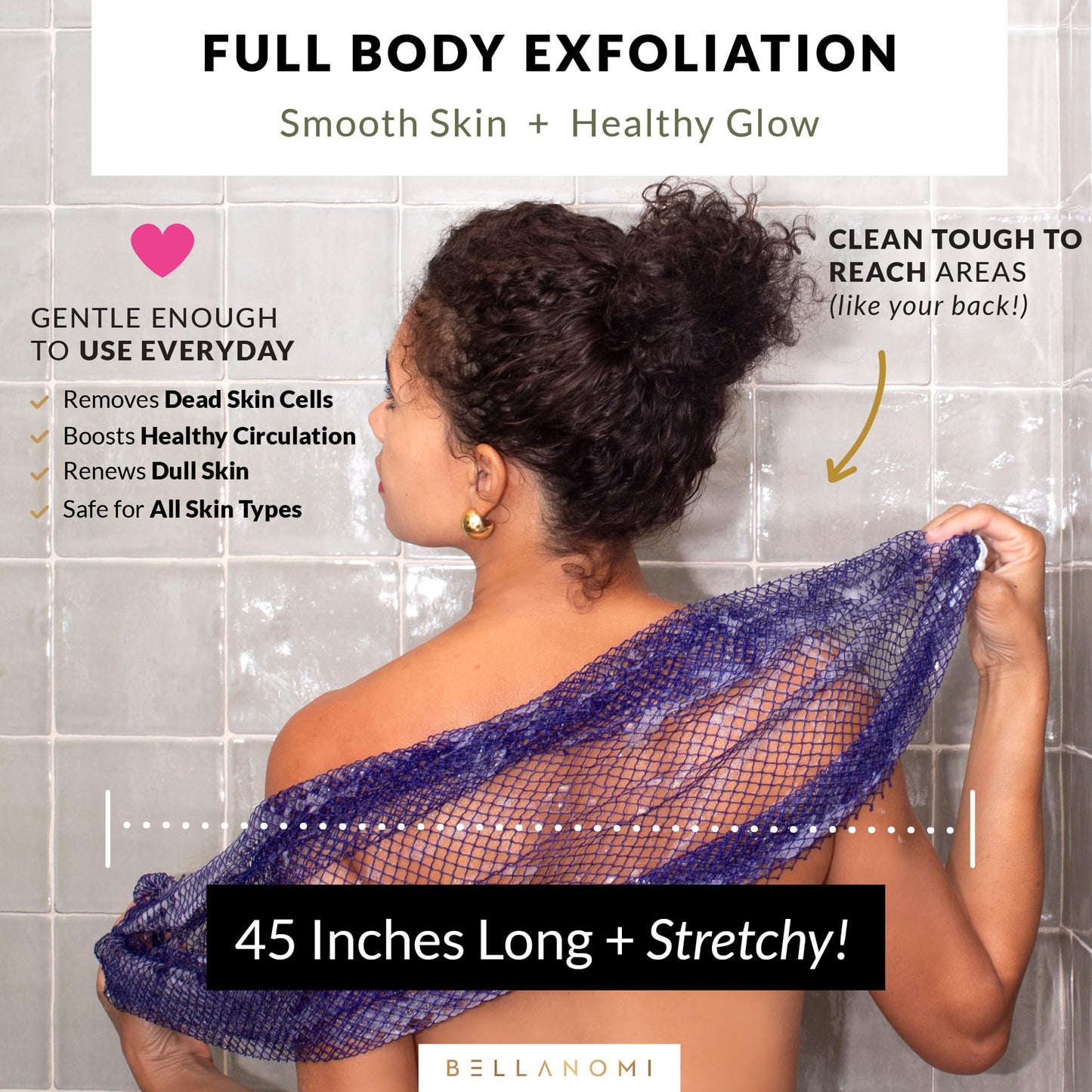 BELLANOMI African Exfoliating Net Sponge 2-Pack Sapo – Authentic & Ethically Sourced, 45" Long Back Scrubber, Quick-Dry 100% Nylon, Gentle Exfoliation Great for Daily Use (Navy Blue & Pink)