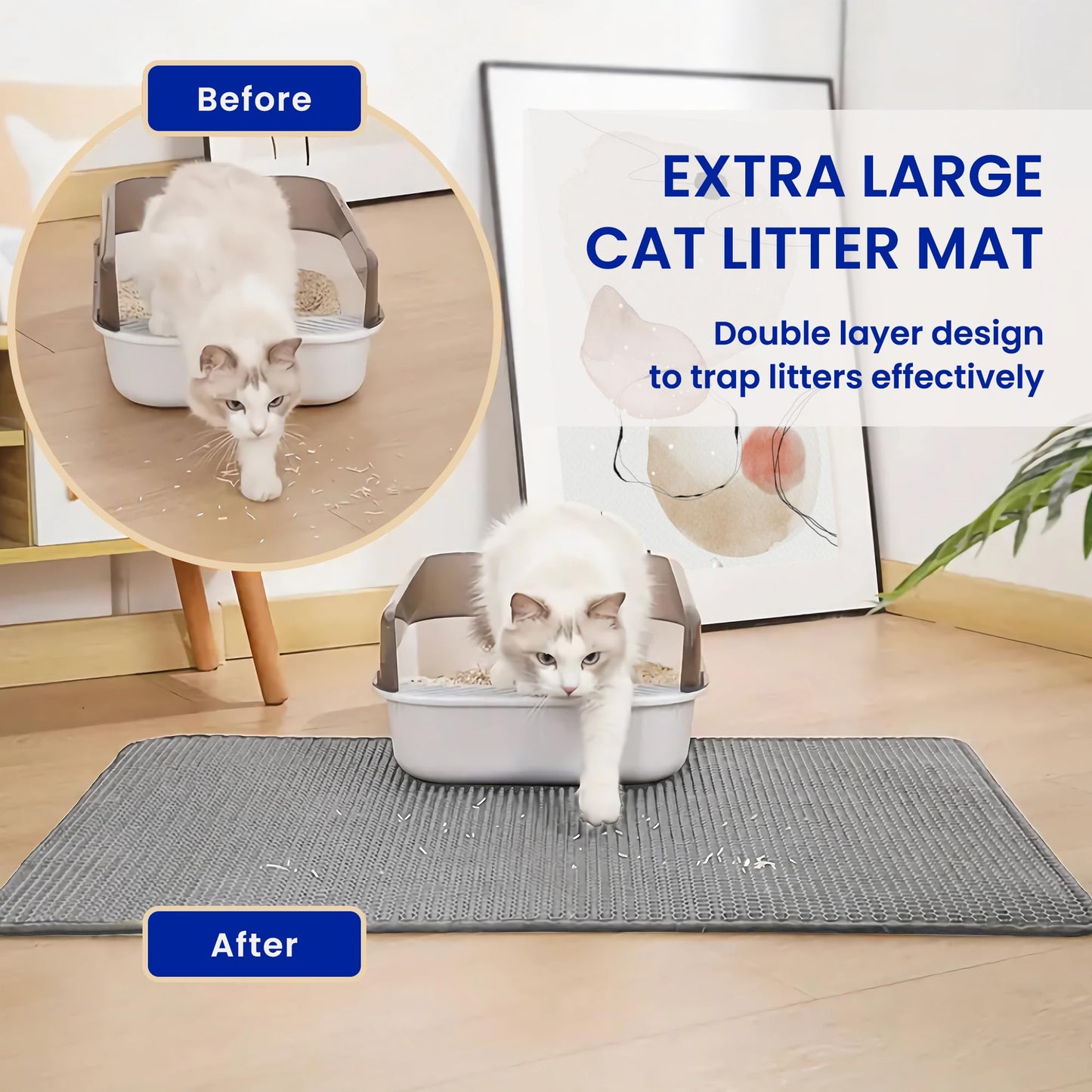Tevanas cat litter mat extra large 24 x 36” urine waterproof, washable easy to clean cat litter box mat, honeycomb double layer non-slip litter trapping carpet, grey