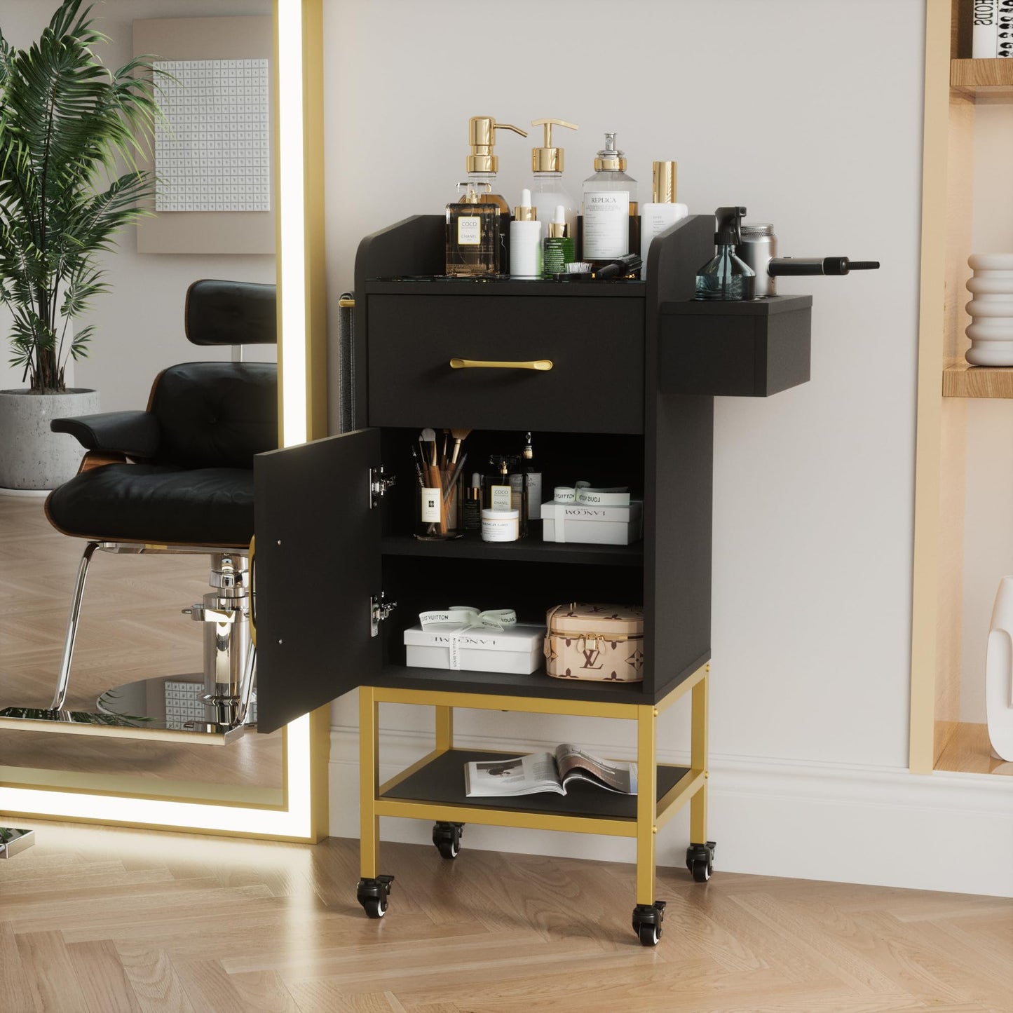 TOVRON Salon Trolley Cart, Glass Top Salon Stations for Hair Stylist Beauty Storage Cabinet Black Rolling Hair Stations with Lockable Wheels, Drawer, Cabinet