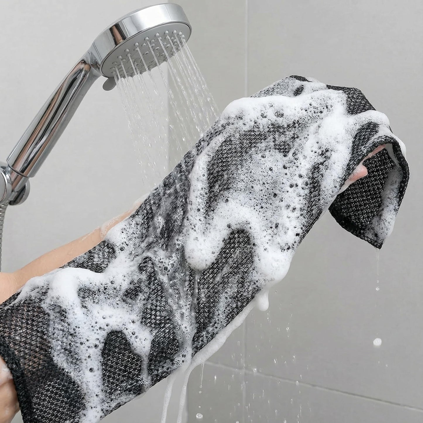Thourevl Dual-Sided Exfoliating Shower Towel with Extra-Long Handle, Premium Body Scrubber for Back Exfoliation，Black and Pink (2-Pack)