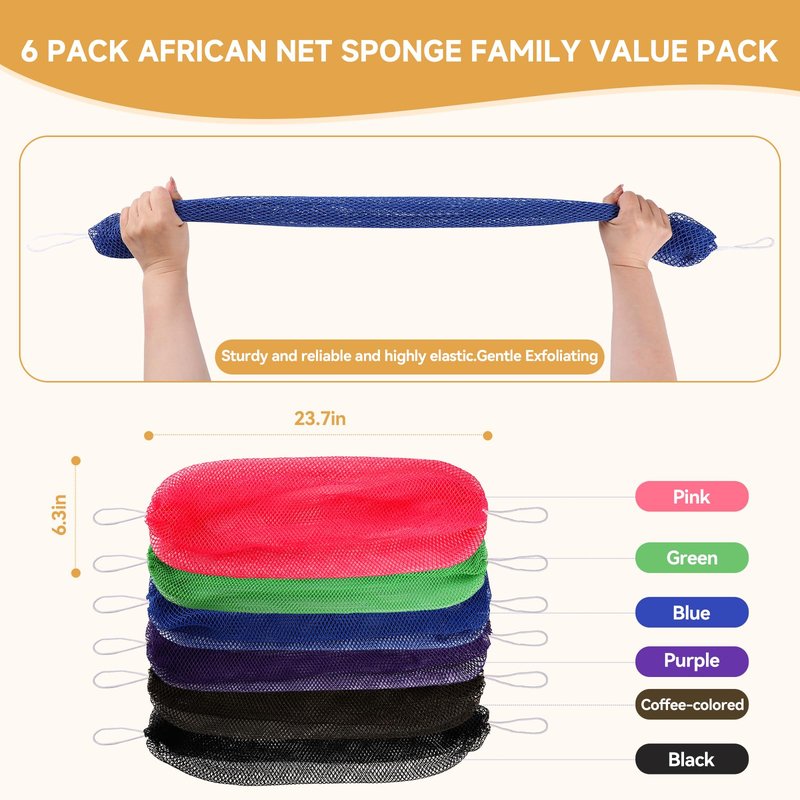 GLOBECARRY African Net Sponge Extra Long 6 Pieces,Loofah Back Scrubber for Shower, Exfoliating Washcloth & Body Scrubber