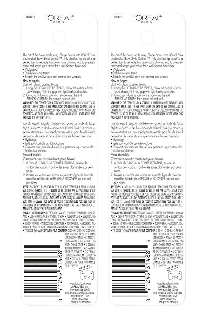 L'Oreal Paris Brow Stylist Definer - Waterproof Eyebrow Pencil for Precise Application | Brunette, 0.003 Oz (Pack of 2)