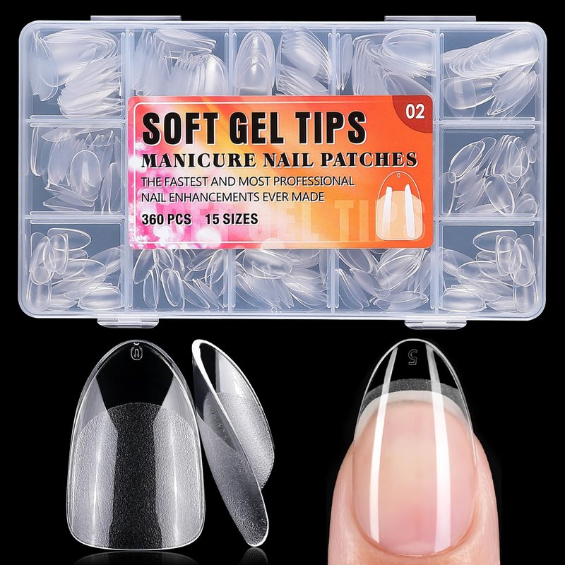 360pc Short Almond Nail Tips, Soft Gel Nail Tip Clear Press on Nail Short Fake Nails Almond, 15 Sizes Full Cover False Artificial Fingernail XS Stiletto Acrylic Nails Tips for Gel Nail Extension