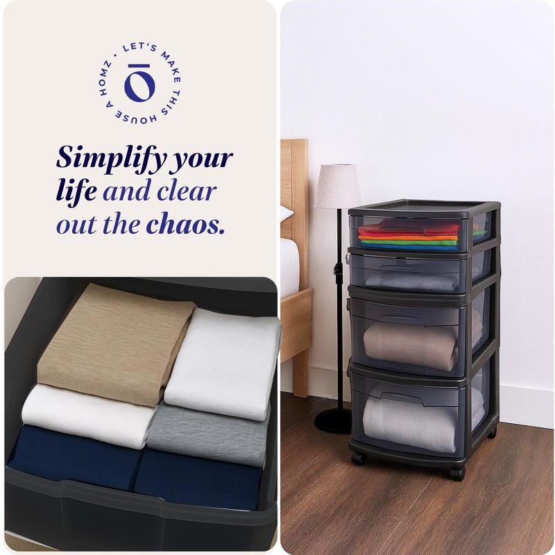 HOMZ Drawer Tower, 4-Tier Clear Plastic Storage Organizer Cart, Black Frame - Rolling Drawer Containers with Wheels for Bathroom, Bedroom, Office, and Classroom Organization