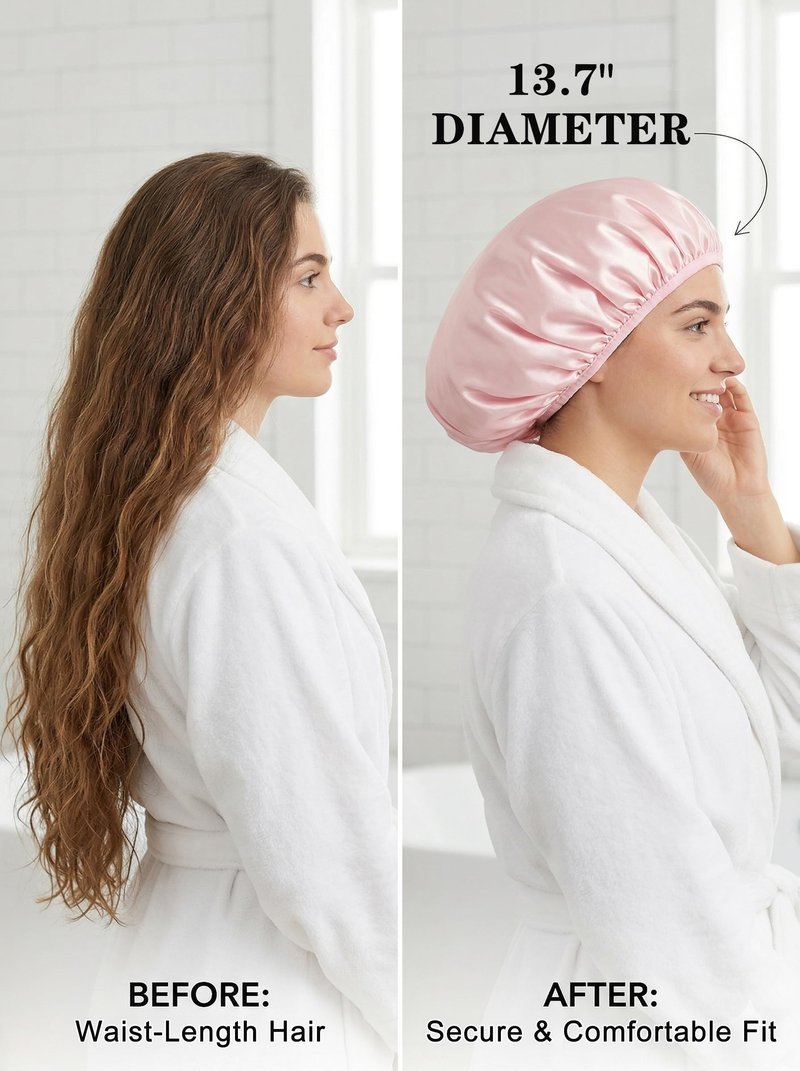 Aquior Shower Cap,Triple Layer Shower Cap for Women, Reusable Waterproof Bath Cap,Silky Satin Outer Layer Terry Lining, Extra Large for Women Long Hair(Pink)