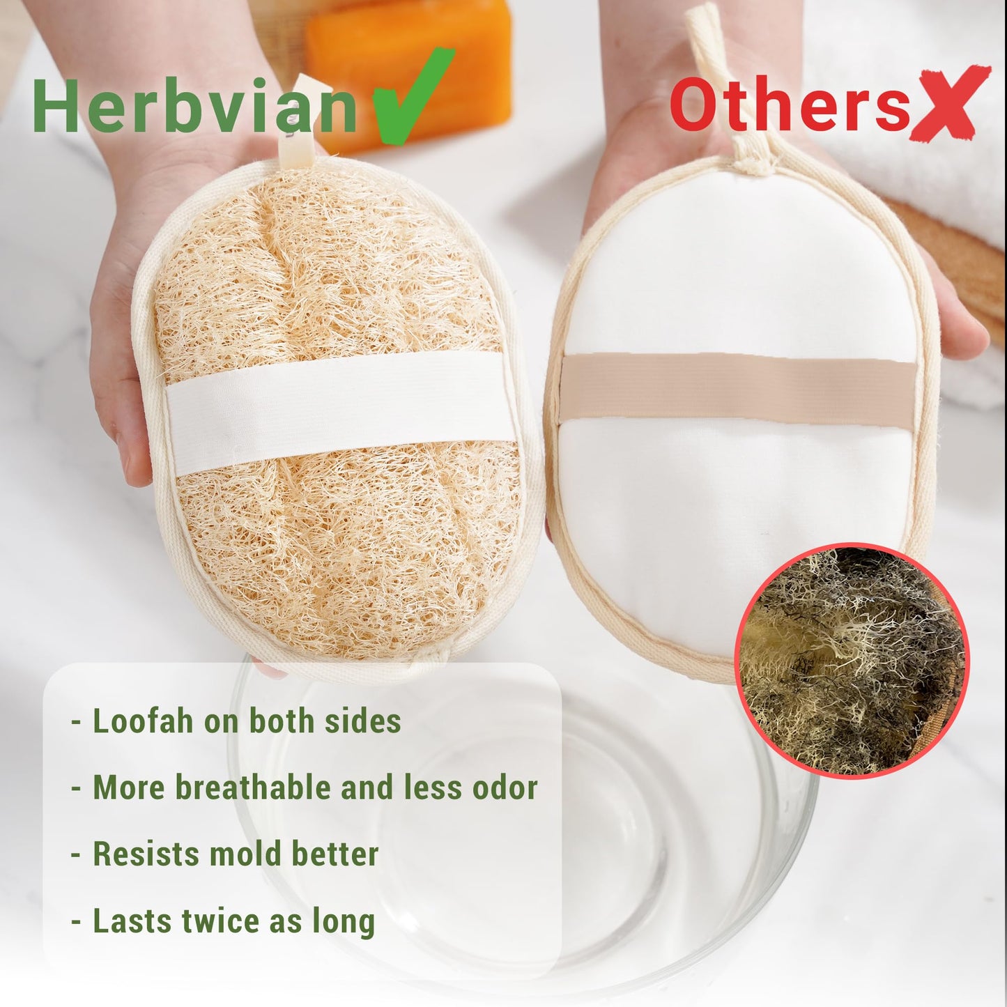 Herbvian Vietnamese Natural Loofah Exfoliating Body Scrubber Pads, 100% Plant-Based Shower Luffa Sponge, Bath Loofah for Women Men (3, Oval 6.5"x4.9")