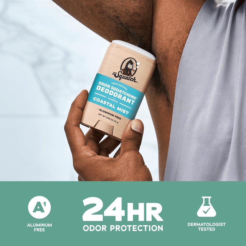 Dr. Squatch Natural Men’s Deodorant – Aluminum Free Natural Deodorant Men with Charcoal & Postbiotics for 72-Hour Odor Protection – Coastal Mist, 2.65oz Stick (2-Pack)