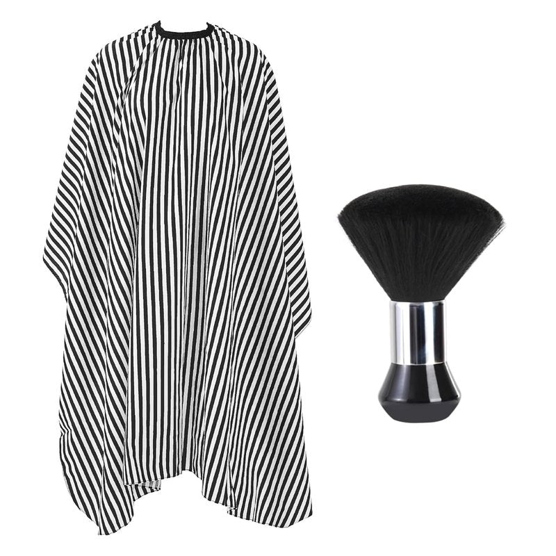 Professional Hair Cutting Cape - Large Salon Barber Cape with Neck Duster Brush | White & Black Stripes
