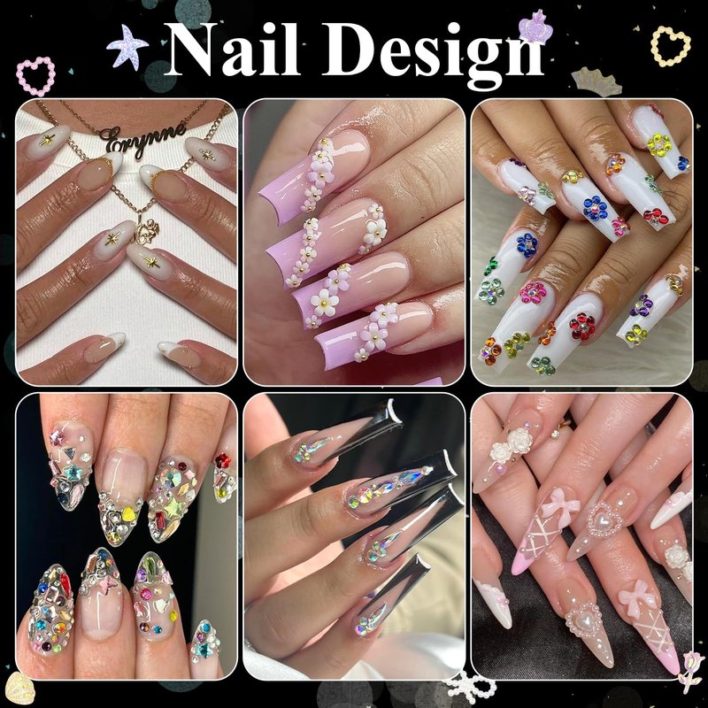 8 Boxes Nail Charms and Gems for Manicure, Flat Pearls Nail Flowers Nail Rhinestones and Charms for Nail Art, Colorful Pearl Nail Charm Nail Bows Multi Shapes Flatback Nail Design Kit Nail Accessories