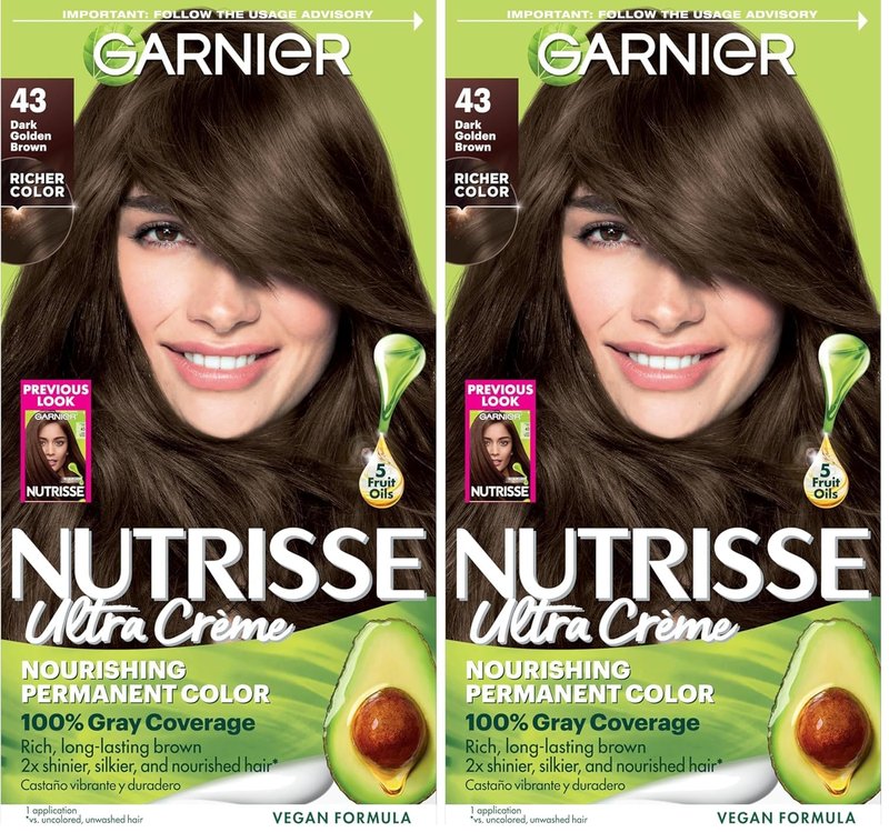 Garnier Nutrisse Ultra Crème Hair Color, Permanent Hair Dye with 100% Gray Coverage, Vegan & Cruelty-Free, 43 Dark Golden Brown (Cocoa Bean), 2 Count