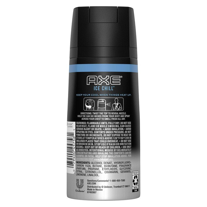 Axe Deodorant Body Spray - Ice Chill - Frozen Lemon & Eucalyptus - Net Wt. 4 OZ (113 g) Per Can - Pack of 2 Cans