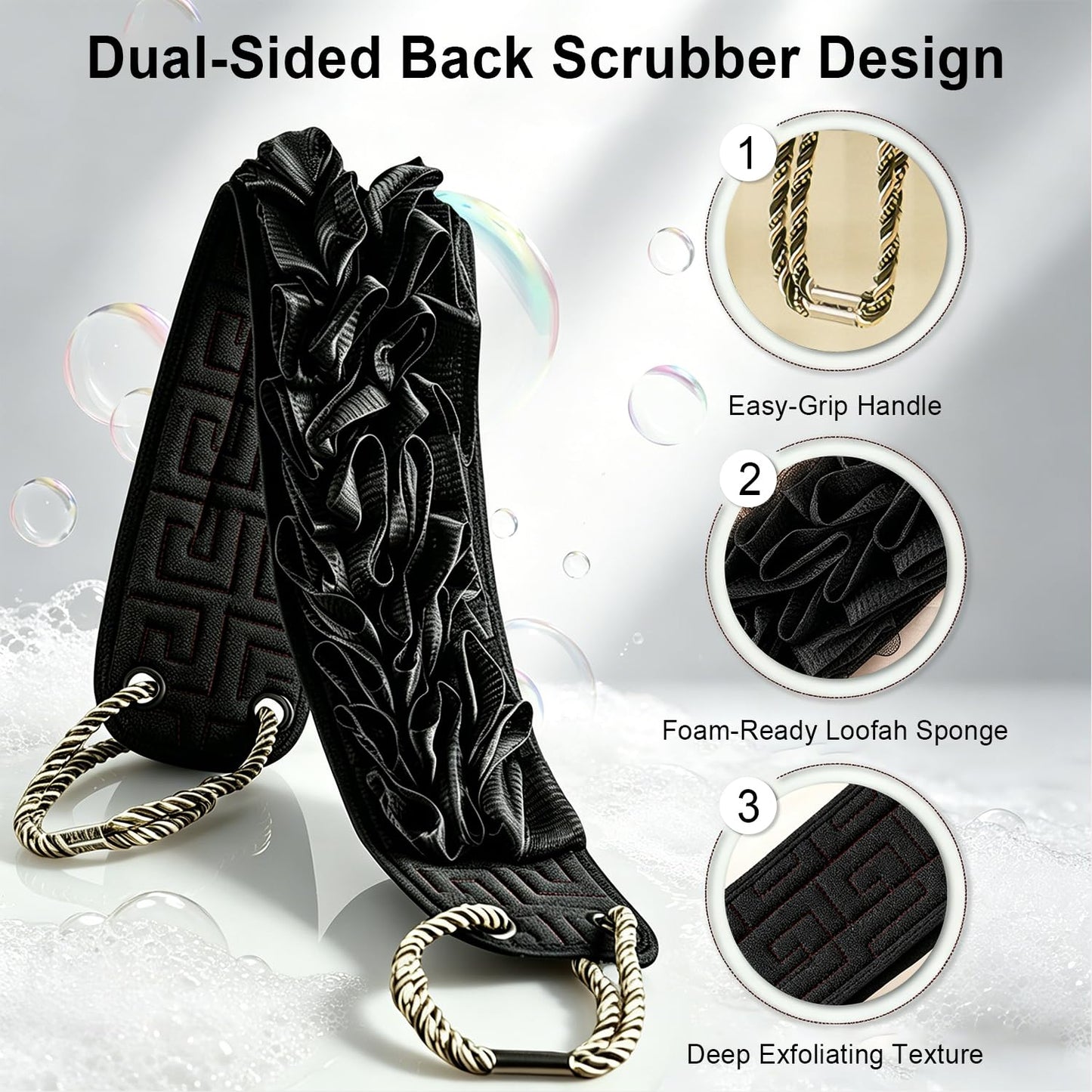 Dual-Sided Back Scrubber for Shower, 2-in-1 Reinforced Exfoliating Washcloth with Handle, Durable Deep Cleansing Body Exfoliator, Back Washer Bath Essentials for Men, Women & Elderly