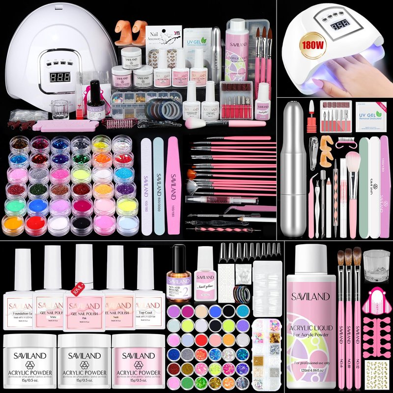 Saviland Acrylic Nail Kit for Beginners: Keratin Acrylic Powder Castor Oil Vitamin E Gel Nail Polish Primer 180W Nail Lamp Nail Drill Full Tools Everything Home Starters