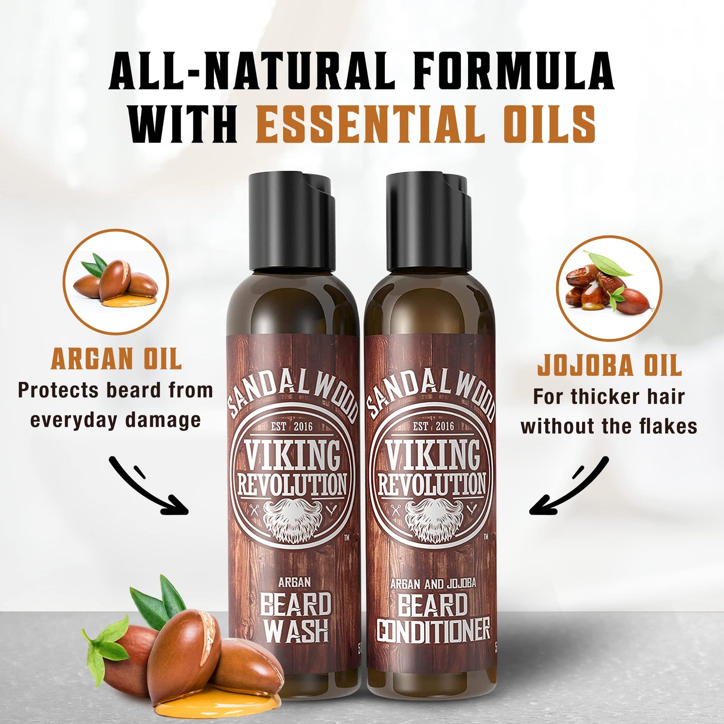 Viking Revolution Beard Wash & Beard Conditioner Set w/Argan & Jojoba Oils - Softens & Strengthens - Natural Beard Shampoo w/Beard Oil Sandalwood (5oz)