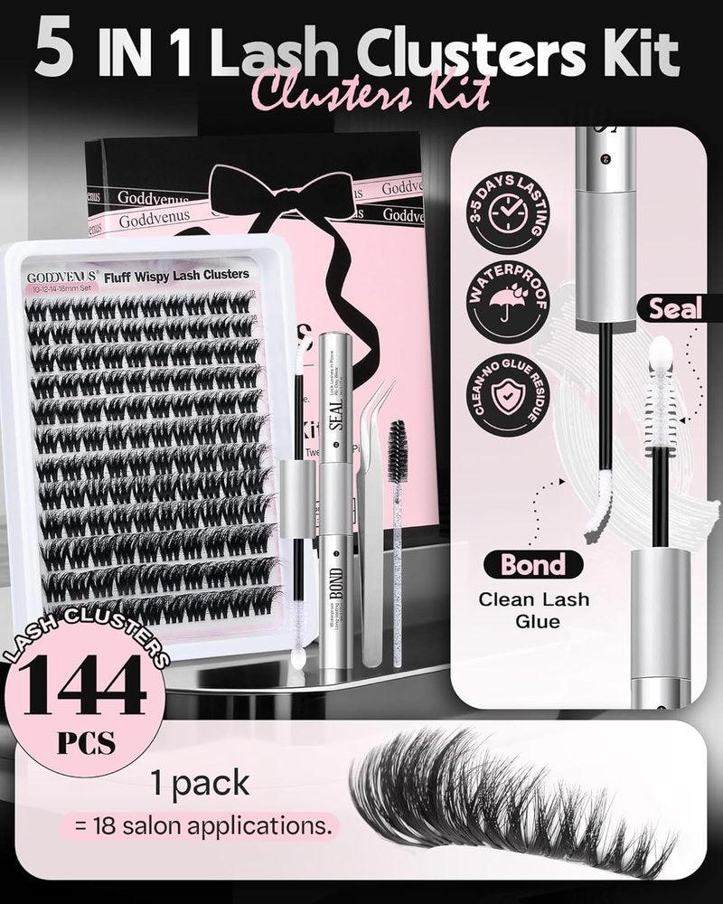 Goddvenus D Curl Fluffy Lash Clusters Kit – 144 PCS Thick Eyelashes Clusters, 10-18mm Wispy Lash Extension Natural Look, Waterproof Cluster Eyelash Extensions Kit for DIY False Eyelashes at Home