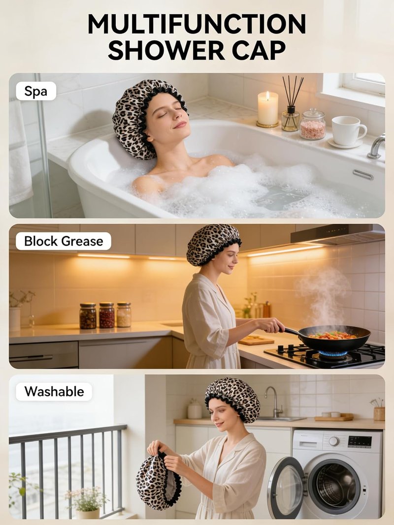 Aquior Shower Cap - Reusable Waterproof Leopard Print Hair Cap | Dual Layer Ruffle Edge for Long Hair