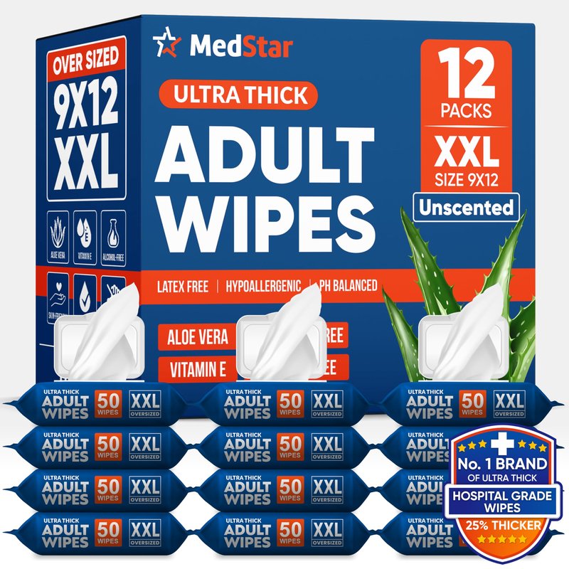 Adult Wipes for Elderly 12 Pack - Extra Large Extra Thick No-Rinse Bathing Wet Wipes for Adults - Incontinence Shower Alternative Disposable Washcloths - Fragrance-Free XXL