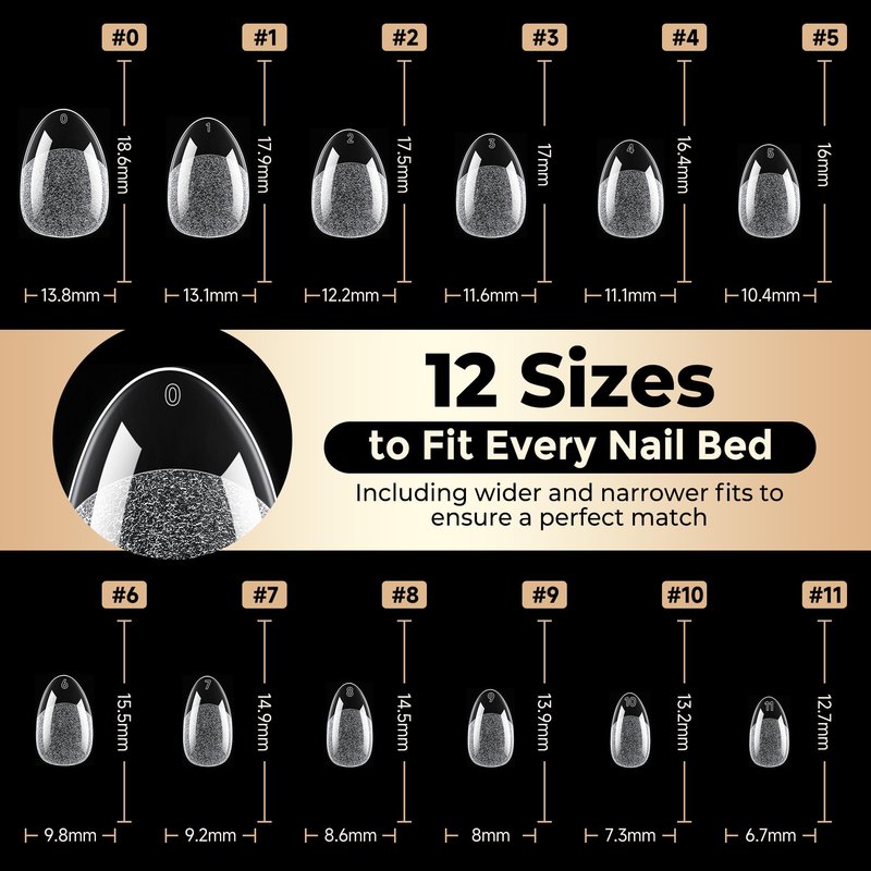 Luckyfairy Extra Short Almond Fake Nails, 504pcs Soft Gel Pre-Shaped Acrylic Nail Tips, Half Matte Full Cover Clear Gelly Press on Flase Nail Tips for Extension Nail Manicure Home DIY 12 Sizes