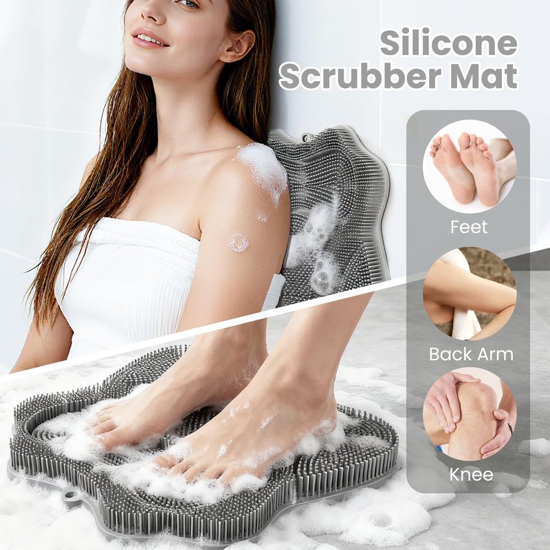 SEPZFTT Shower Foot Scrubber Mat with Wall Mount Suction Cups, Foot and Back Scrubber for Use in Shower for Improve Skin Exfoliation (Grey)