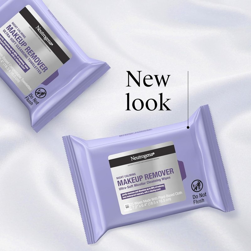 Neutrogena Night Calming Makeup Remover Wipes - Hypoallergenic, Plant-Based Cloth | Twin Pack, 2 x 25 ct