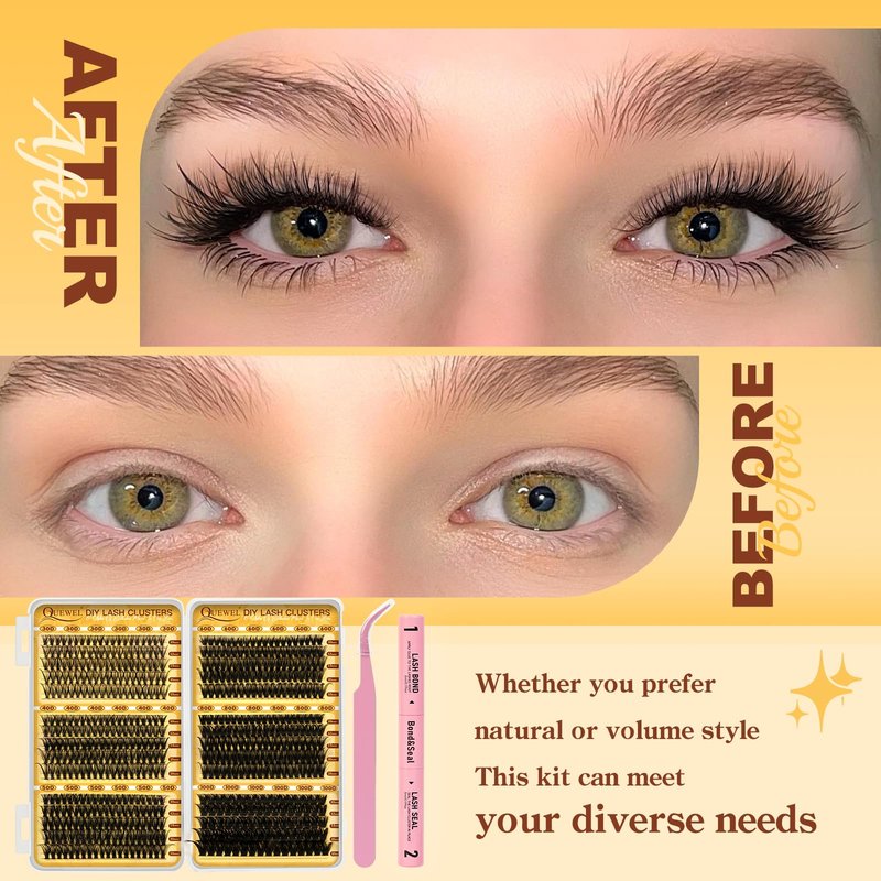 QUEWEL 580PCS Lash Clusters Kit 30D+40D+50D+60D+80D+100D Lashes Clusters Kit 10-18mm Cluster Lashes Individual Eyelash Clusters Reusable for Natural DIY Cluster Eyelash Extensions for Beginners