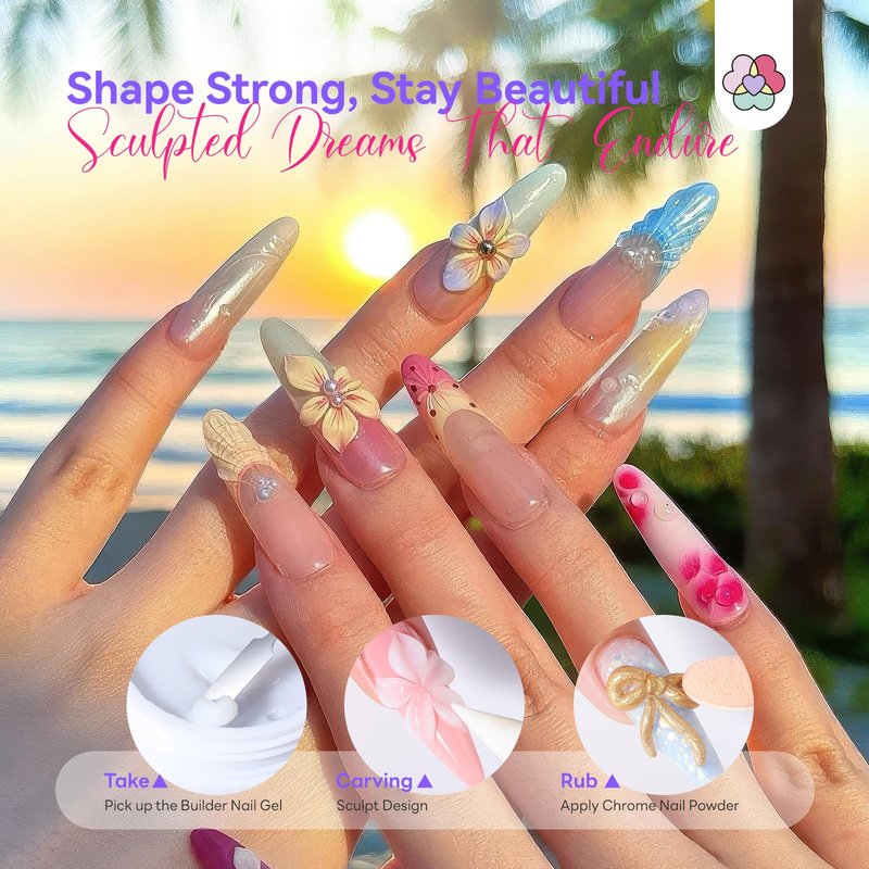 SAVILAND White Solid Builder Nail Gel Kit: Non-Sticky 60 g Sculpture Gel for Nail Art with Chrome Powder Sequins Sculpture Pen Non-Wipe Extensions 3D Nails Art Designs DIY Home