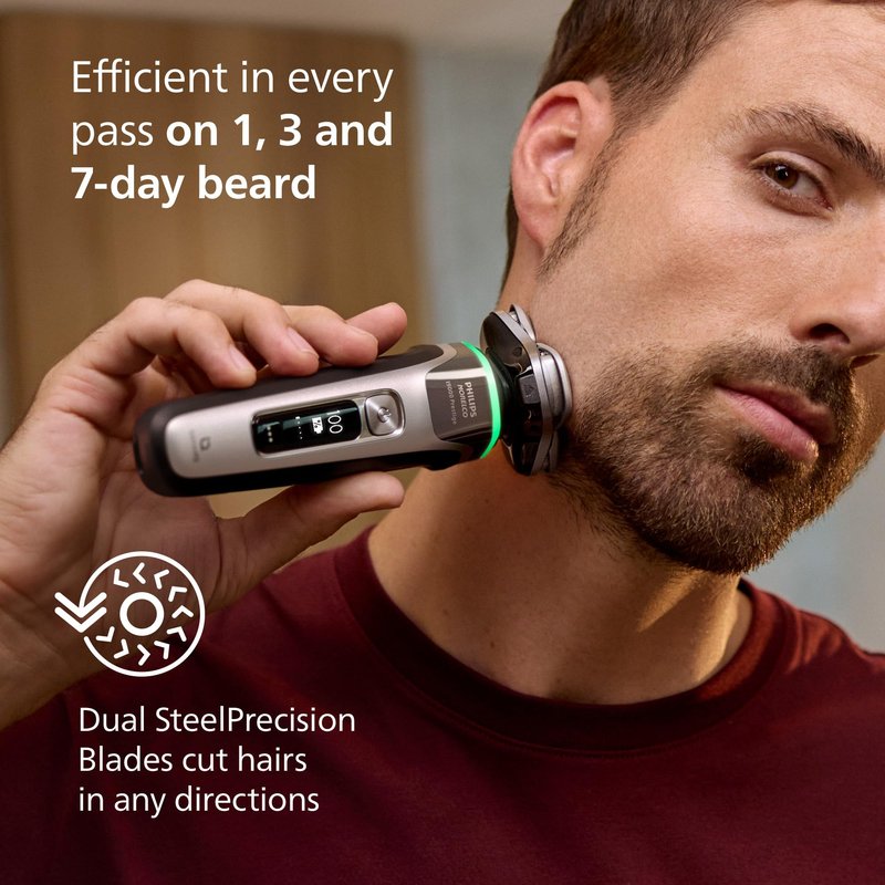 Philips Norelco Shaver i9000 Prestige, Wet & Dry Electric Shaver, Dark Slate Nova, SenseIQ Technology, Triple Lift & Cut System, 360 Rotating Dual SteelPrecision Blades, Charging Stand, XP9204/85