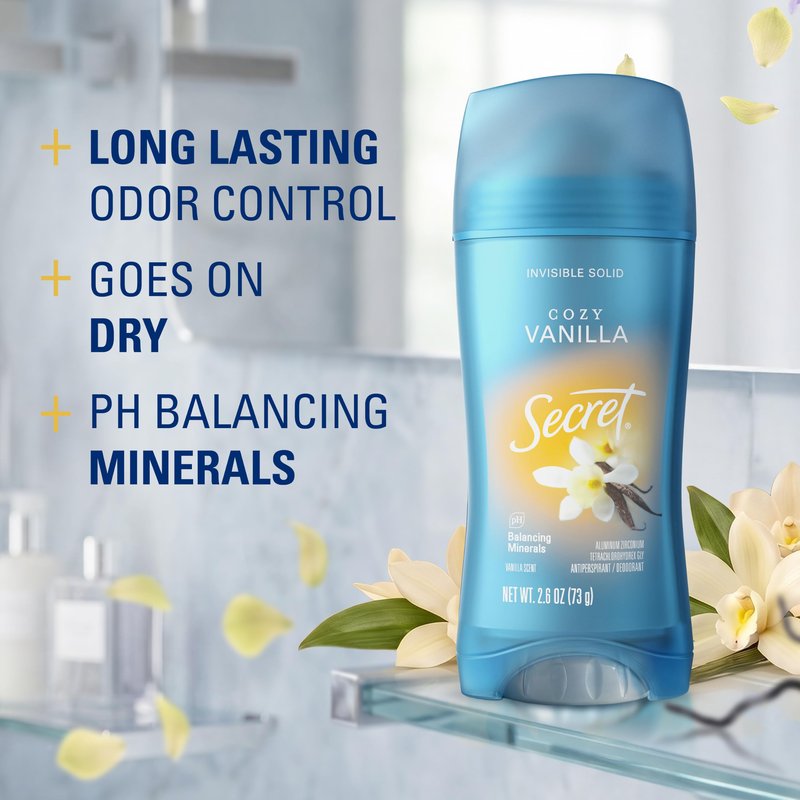 Secret Fresh Antiperspirant Deodorant for Women, 72hr Breathable Sweat & Odor Protection, Instant Freshness & Gentle, PH Balancing Minerals, Invisible Solid, Cozy Vanilla Scent, 2.6 oz (Pack of 3)