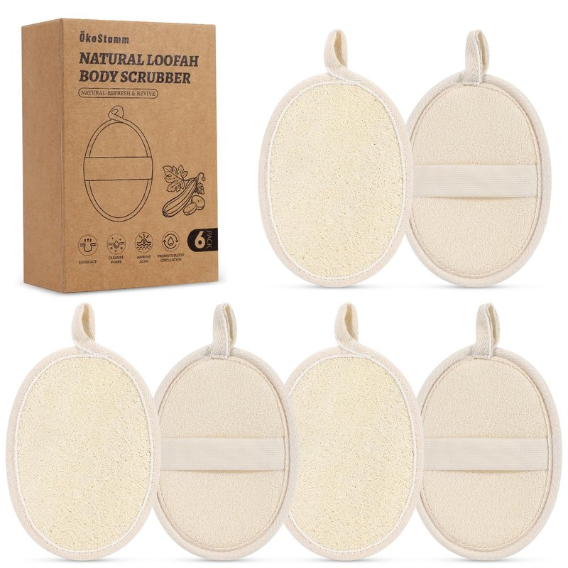 ÖkoStamm 6 Pack Natural Loofah Body Scrubber (6 Pack) - 6.2 * 4.3 Inch Exfoliating Loofah for Removing Dead Skin and Dry Skin, Large Size Loofah Body Sponge for Women and Men to Clean Pores
