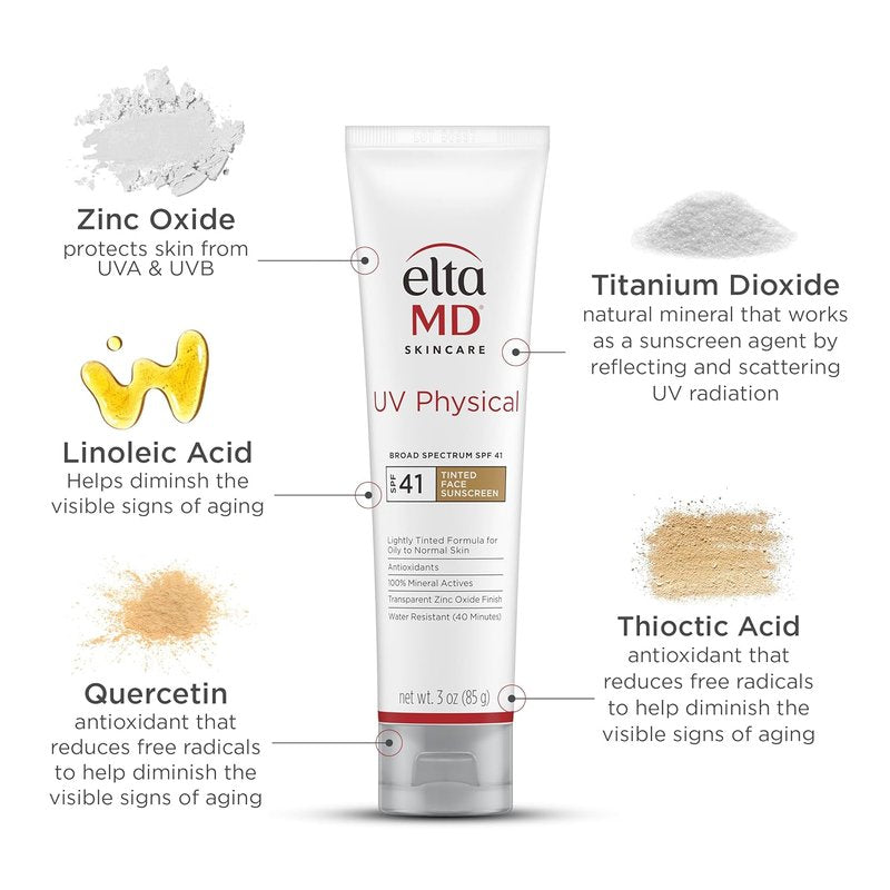 EltaMD UV Physical Tinted Sunscreen SPF 44 - 100% Mineral Zinc Oxide Formula for Face | Lightweight & Sheer Finish