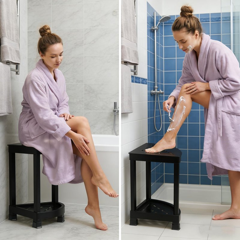 CROWNFURN Shower Foot Rest, HIPS Waterproof Shower Stool for Inside Shower, Corner Shower Bench for Shaving Legs with Baffle Storage Shelf for Small Space, Rapid Assembly DIY Combination Shelf (Black)