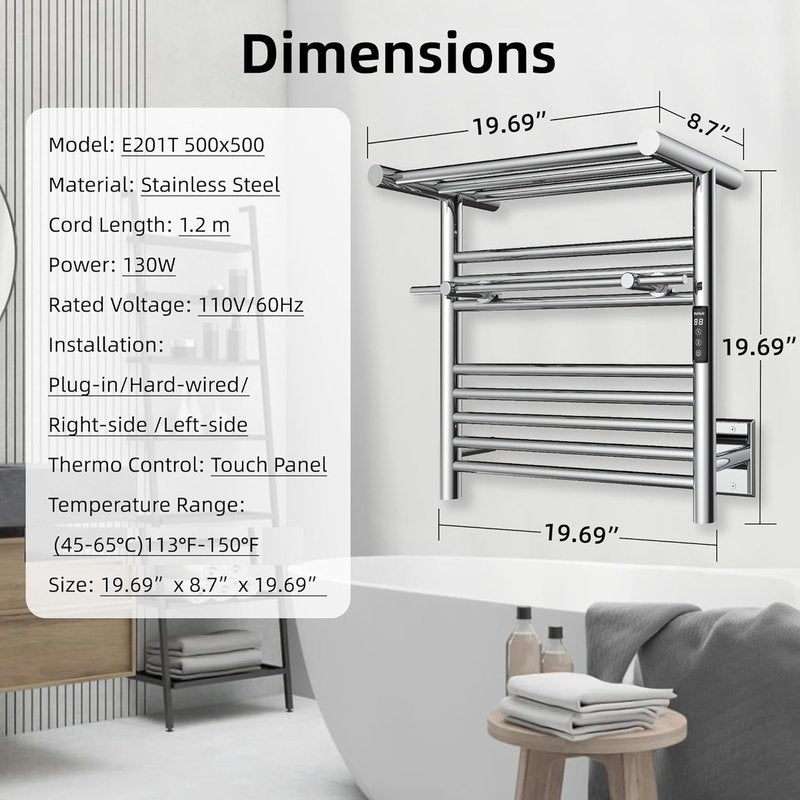 Heated Towel Warmer Rack - Wall Mounted Bathroom Towel Warmer with Top Shelf | 19.69" x 19.69" - Polished Finish
