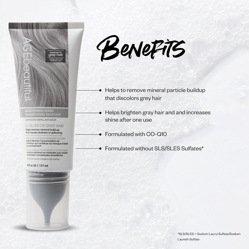 AGE Beautiful Brightening Wash Shampoo - Silver & Gray Hair Care with CoQ10 & Charcoal | Sulfate-Free, Color-Safe Formula