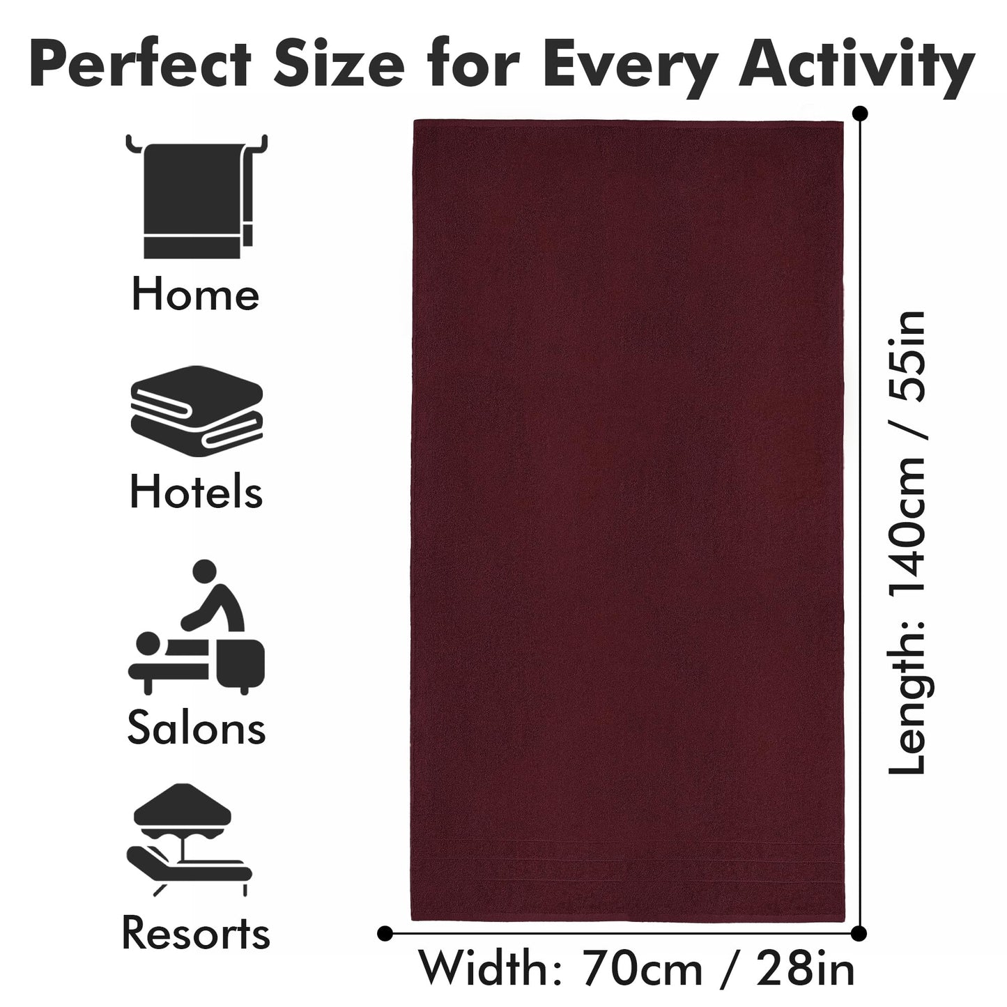 Novo Home Bath Towels Set of 4 – 100% Cotton Burgundy Extra Large Towels for Bathroom, Spa Use (55x28 in) – Super Soft and Quick Dry Large Bath Sheets for Adults