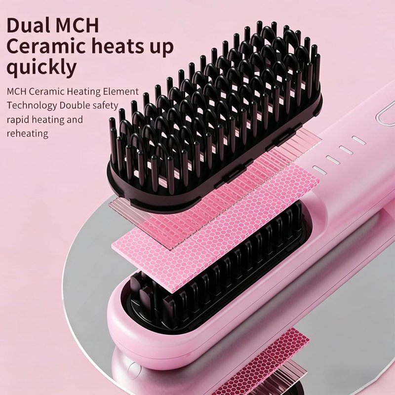 Go Brush Pro Cordless Straightening Brush - Fast 30s Heat, 4 Temp Settings, Ionic & Ceramic Care | Pink
