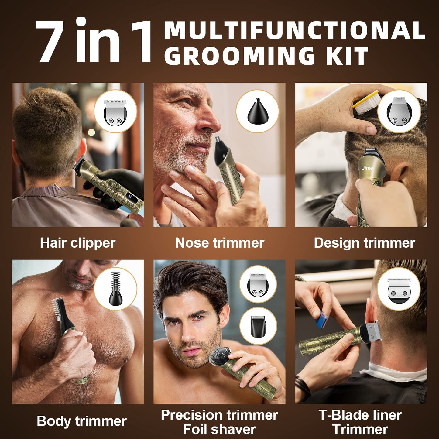 Ufree Beard Trimmer for Men, Electric Razor Shaver, Cordless Hair Clipper Shaving Kit for Mustache Body Nose Ear Hair Facial, Adjustable Beard Grooming Kit Father Birthday Gifts for Men Husband Dad