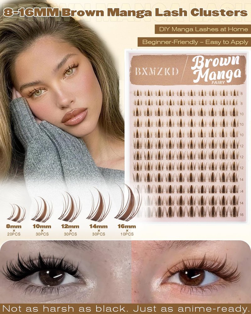 Brown Manga Lash Clusters Wispy Spiky Eyelash Clusters C Curly Fairy Cluster Eyelash Extensions with Invisible Band 8-16MM Anime Individual Lashes for DIY Lash Beginners