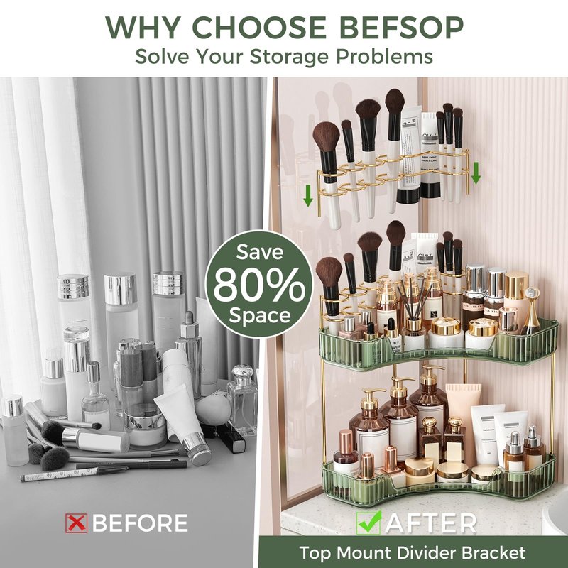 BEFSOP Corner Bathroom Counter Organizer, Upgraded 2-Tier Makeup Organizer Countertop with Makeup Brush Holder, Skincare Exquisite Vanity Organizers Countertop Bathroom Storage Dresser(Green)