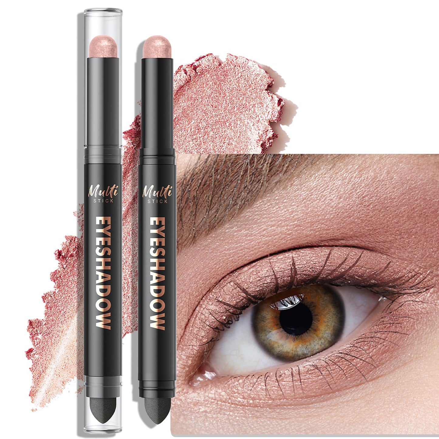 Wugbc Dual-Ended Champagne Pink Eyeshadow Stick - Long-Lasting Cream Shimmer Eye Shadow Stick Crease-Proof Metallic Eyeshadow Pencil, Easily Blendable Multi-Use Eye Highlighter Makeup 02